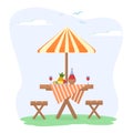 Vector illustration on the theme of summer picnics. Wooden table with a bottle of red wine Royalty Free Stock Photo